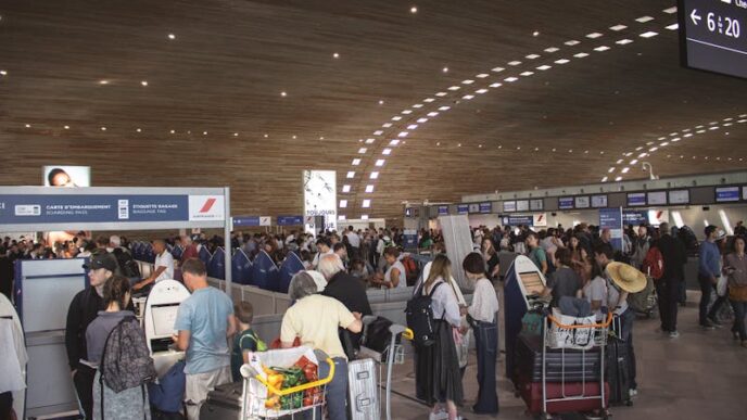 Crowded airport terminal with travellers in line. Indoor setting with modern architecture.