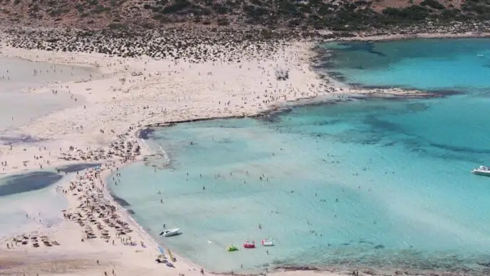 A breathtaking aerial view of Balos Beach in Crete, showcasing its turquoise waters and sandy shores.